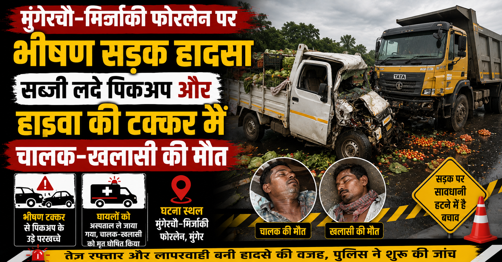 मुंगेरचौ–मिर्जाकी फोरलेन पर भीषण सड़क हादसा, सब्जी लदे पिकअप और हाइवा की टक्कर में चालक-खलासी की मौत
