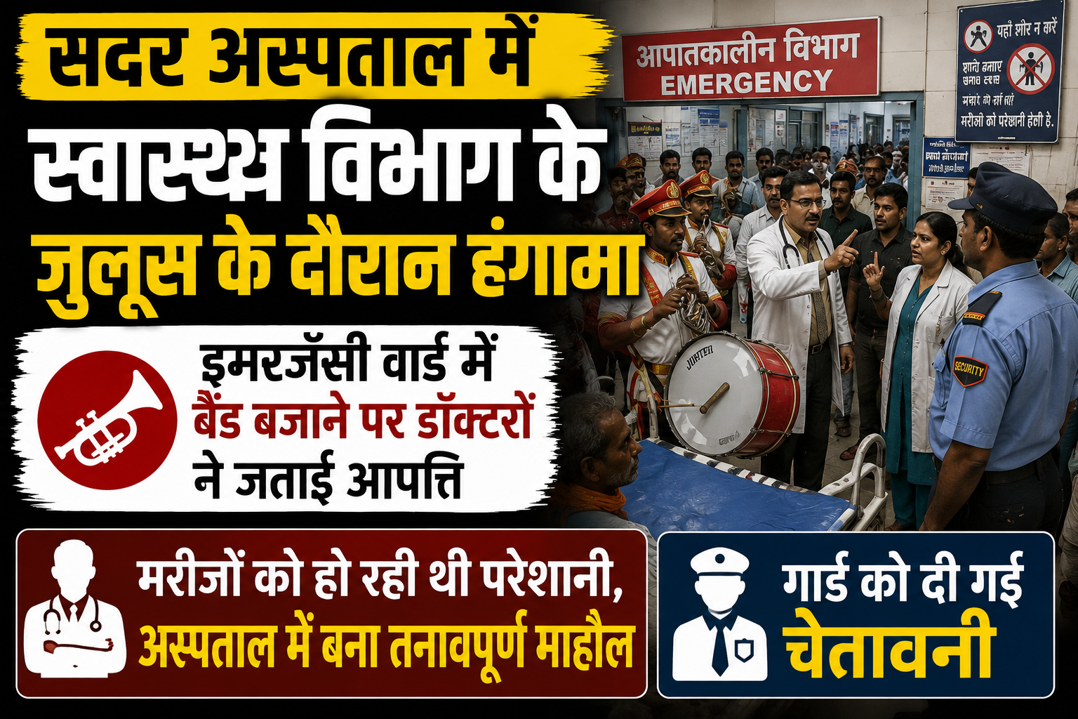 सदर अस्पताल में स्वास्थ्य विभाग के जुलूस के दौरान हंगामा, इमरजेंसी वार्ड में बैंड बजाने पर डॉक्टरों ने जताई आपत्ति; गार्ड को दी गई चेतावनी
