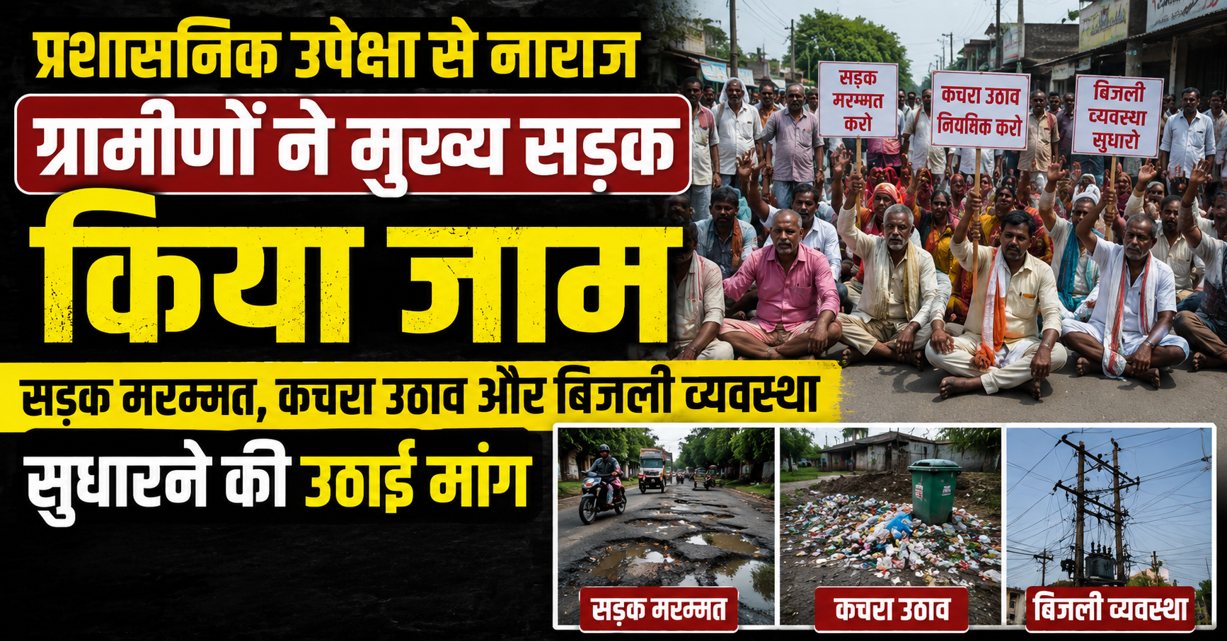 प्रशासनिक उपेक्षा से नाराज ग्रामीणों ने मुख्य सड़क किया जाम, सड़क मरम्मत, कचरा उठाव और बिजली व्यवस्था सुधारने की उठाई मांग