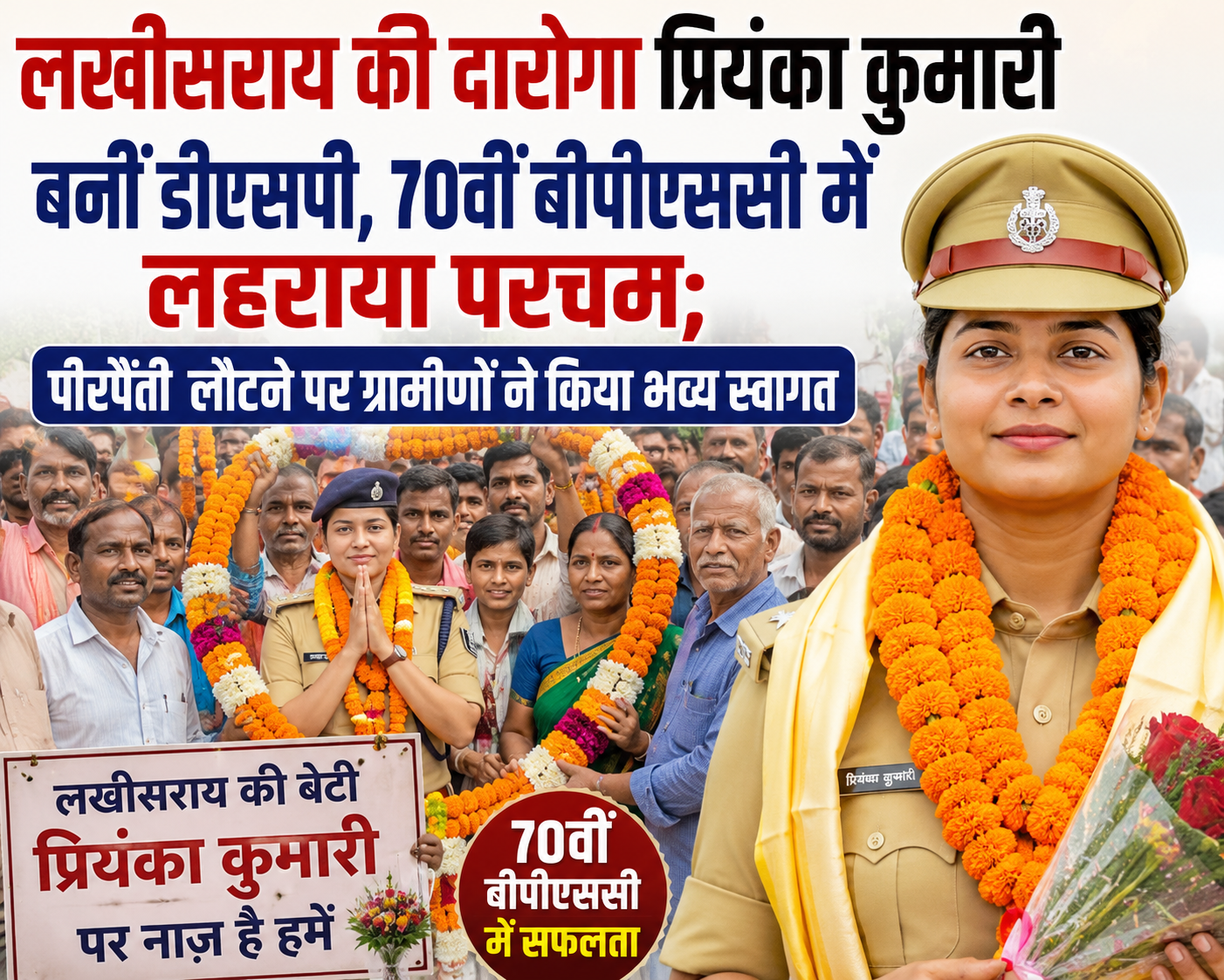 Sub-Inspector Priyanka Kumari from Lakhisarai Becomes DSP, Achieves Excellence in 70th BPSC; Grand Welcome Upon Returning to Pirpainti