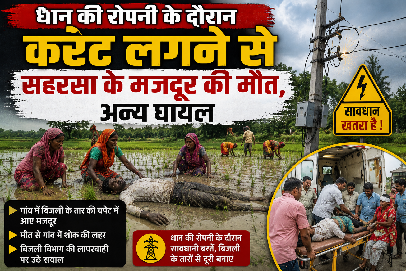 धान की रोपनी के दौरान करंट लगने से सहरसा के मजदूर की मौत, अन्य घायल