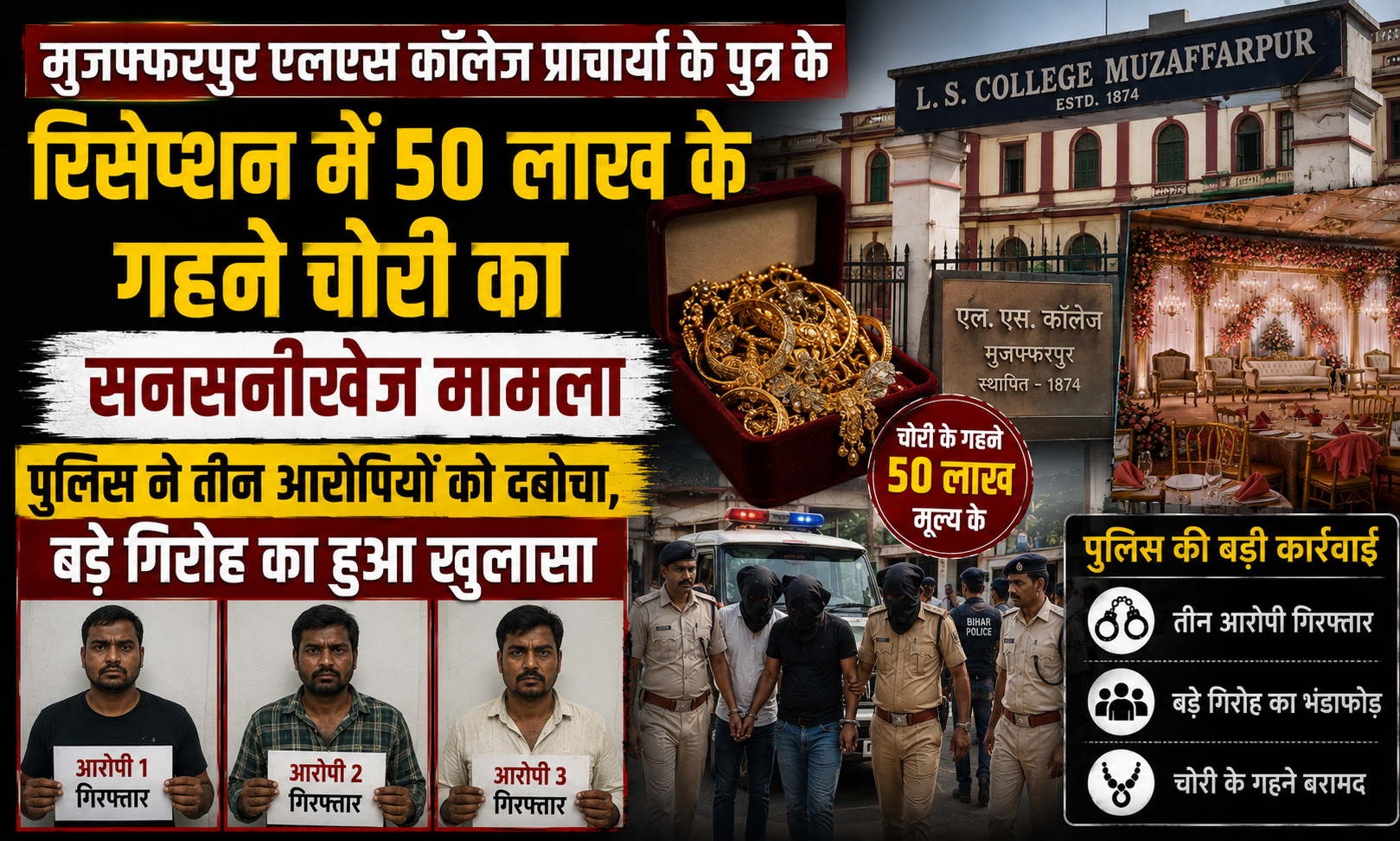 मुजफ्फरपुर एलएस कॉलेज प्राचार्या के पुत्र के रिसेप्शन में 50 लाख के गहने चोरी का सनसनीखेज मामला: पुलिस ने तीन आरोपियों को दबोचा, बड़े गिरोह का हुआ खुलासा