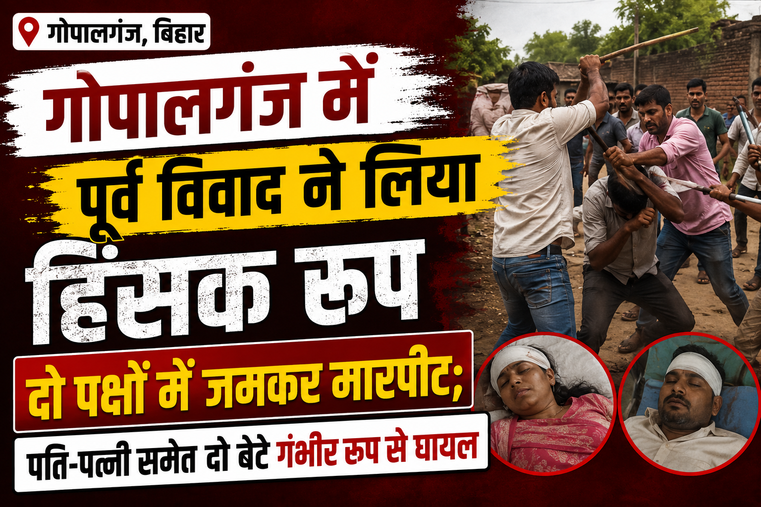 गोपालगंज में पूर्व विवाद ने लिया हिंसक रूप, दो पक्षों में जमकर मारपीट; पति-पत्नी समेत दो बेटे गंभीर रूप से घायल