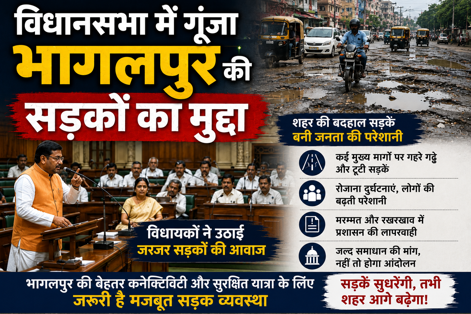 विधानसभा में गूंजा भागलपुर की सड़कों का मुद्दा; विधायक रोहित पाण्डेय के सवाल पर पथ निर्माण मंत्री का बड़ा बयान, शहर को जल्द मिलेगी जाम और बदहाल सड़कों से मुक्ति