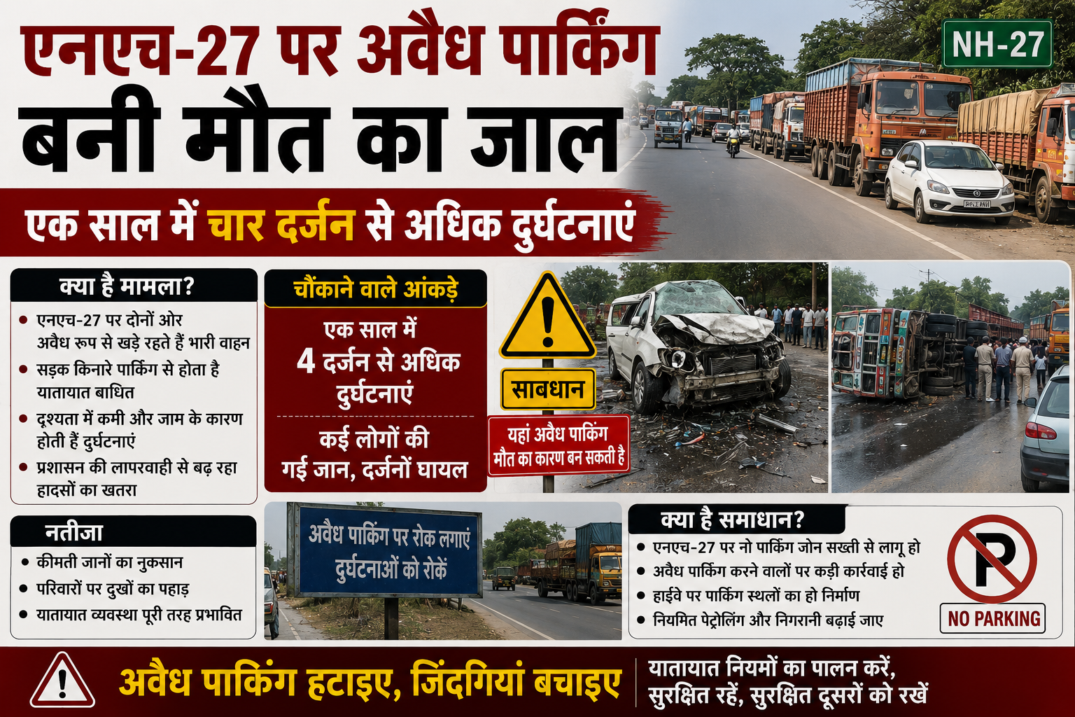 एनएच-27 पर अवैध पार्किंग बनी मौत का जाल, एक साल में चार दर्जन से अधिक दुर्घटनाएं