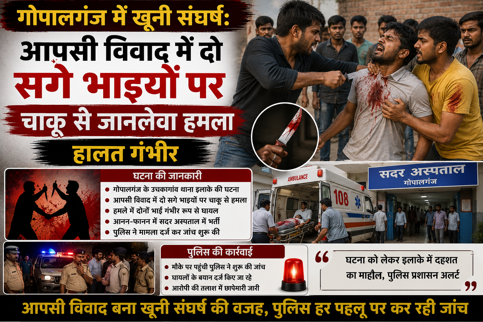 गोपालगंज में खूनी संघर्ष: आपसी विवाद में दो सगे भाइयों पर चाकू से जानलेवा हमला, हालत गंभीर