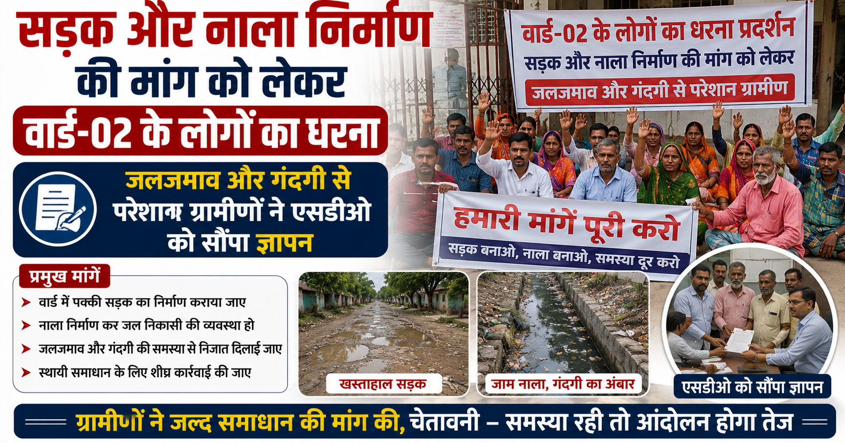 सड़क और नाला निर्माण की मांग को लेकर वार्ड-02 के लोगों का धरना, जलजमाव और गंदगी से परेशान ग्रामीणों ने एसडीओ को सौंपा ज्ञापन
