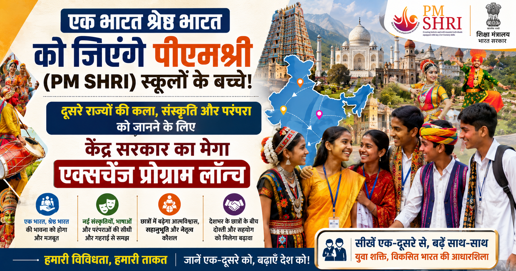 अब 'एक भारत श्रेष्ठ भारत' को जिएंगे पीएमश्री (PM SHRI) स्कूलों के बच्चे! दूसरे राज्यों की कला, संस्कृति और परंपरा को जानने के लिए केंद्र सरकार का मेगा एक्सचेंज प्रोग्राम लॉन्च