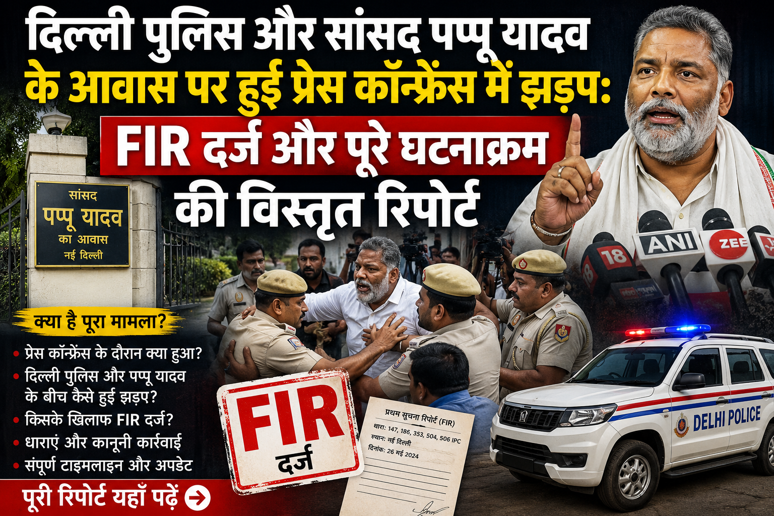 दिल्ली पुलिस और सांसद पप्पू यादव के आवास पर हुई प्रेस कॉन्फ्रेंस में झड़प: FIR दर्ज और पूरे घटनाक्रम की विस्तृत रिपोर्ट