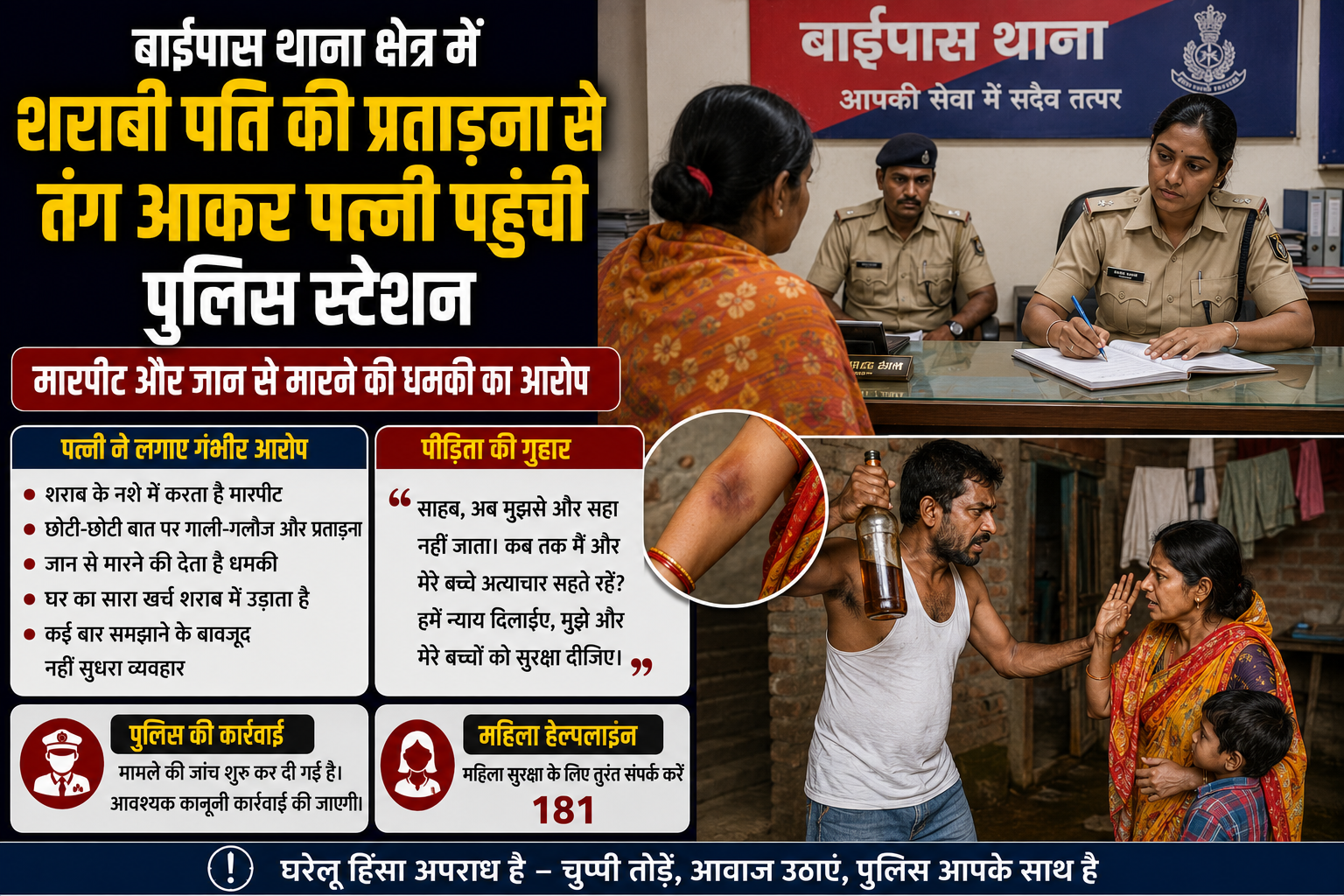 बाईपास थाना क्षेत्र में शराबी पति की प्रताड़ना से तंग आकर पत्नी पहुंची पुलिस स्टेशन, मारपीट और जान से मारने की धमकी का आरोप