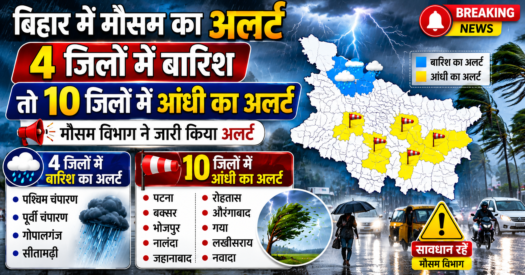 4 जिलों में बारिश और 10 जिलों में आंधी की चेतावनी