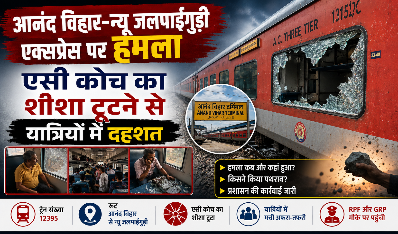 आनंद विहार-न्यू जलपाईगुड़ी एक्सप्रेस पर हमला, एसी कोच का शीशा टूटने से यात्रियों में दहशत