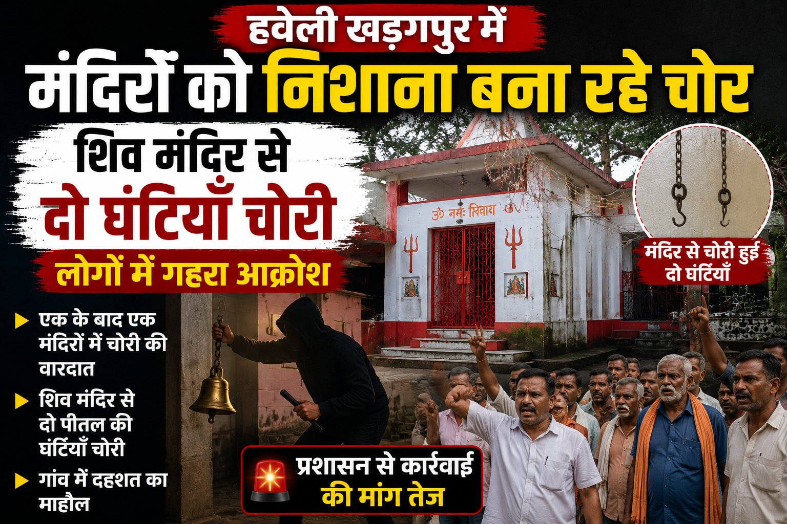 हवेली खड़गपुर में मंदिरों को निशाना बना रहे चोर: शिव मंदिर से दो घंटियाँ चोरी, लोगों में गहरा आक्रोश