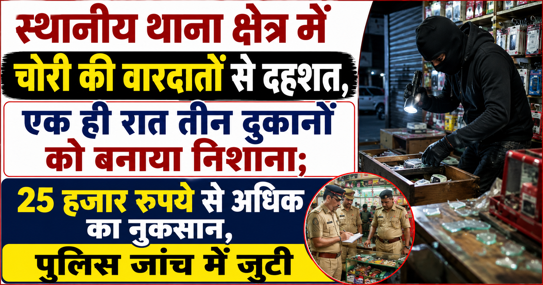 स्थानीय थाना क्षेत्र में चोरी की वारदातों से दहशत, एक ही रात तीन दुकानों को बनाया निशाना; 25 हजार रुपये से अधिक का नुकसान, पुलिस जांच में जुटी