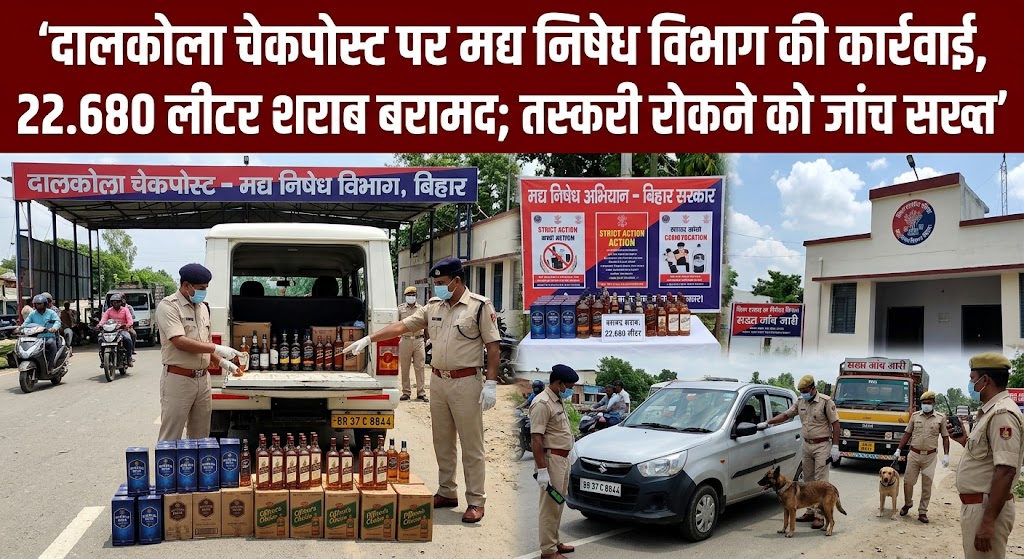 दालकोला चेकपोस्ट पर मद्य निषेध विभाग की कार्रवाई, 22.680 लीटर शराब बरामद; तस्करी रोकने को जांच सख्त
