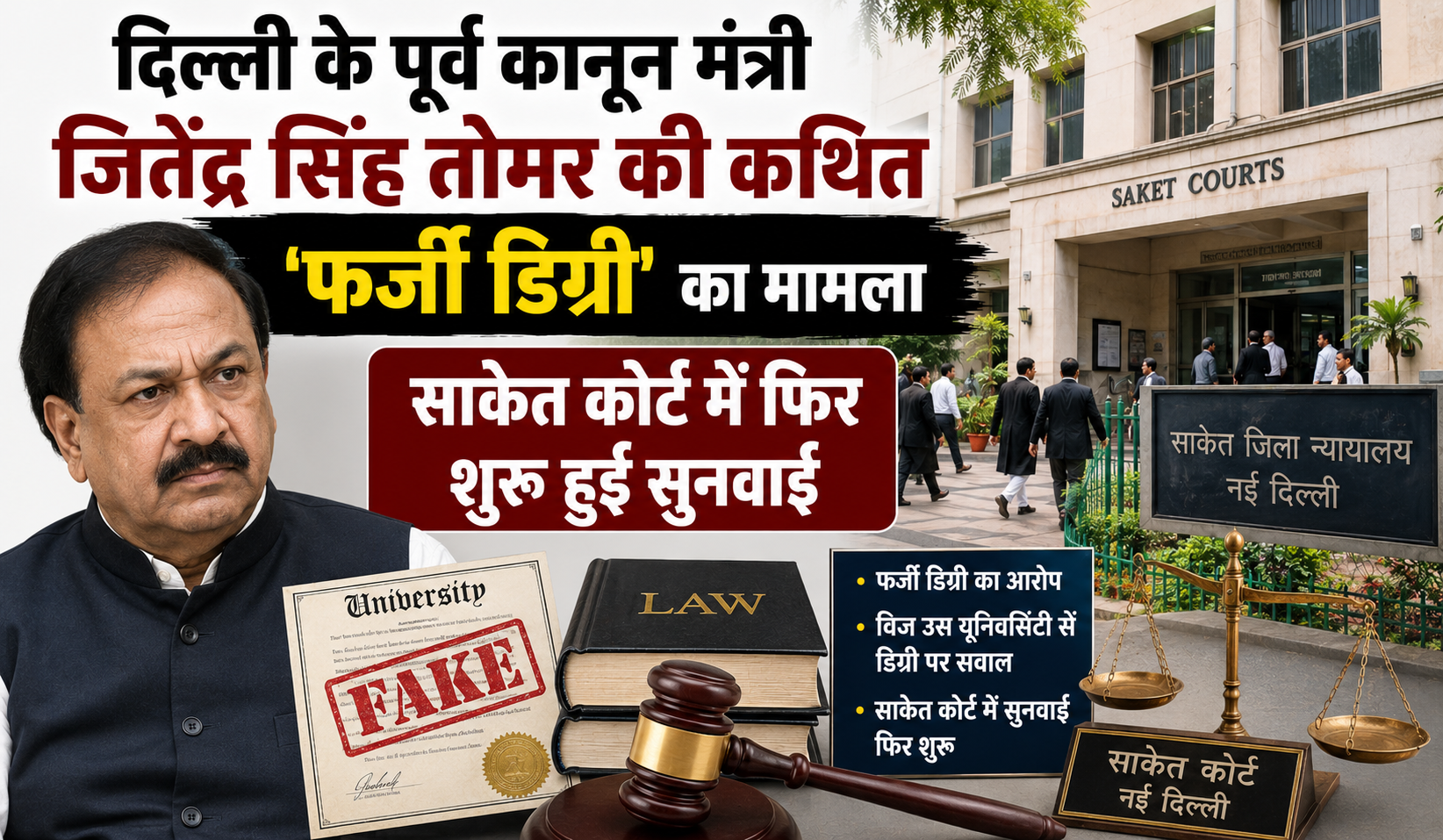 दिल्ली के पूर्व कानून मंत्री जितेंद्र सिंह तोमर की कथित 'फर्जी डिग्री' का मामला साकेत कोर्ट में फिर शुरू हुई सुनवाई