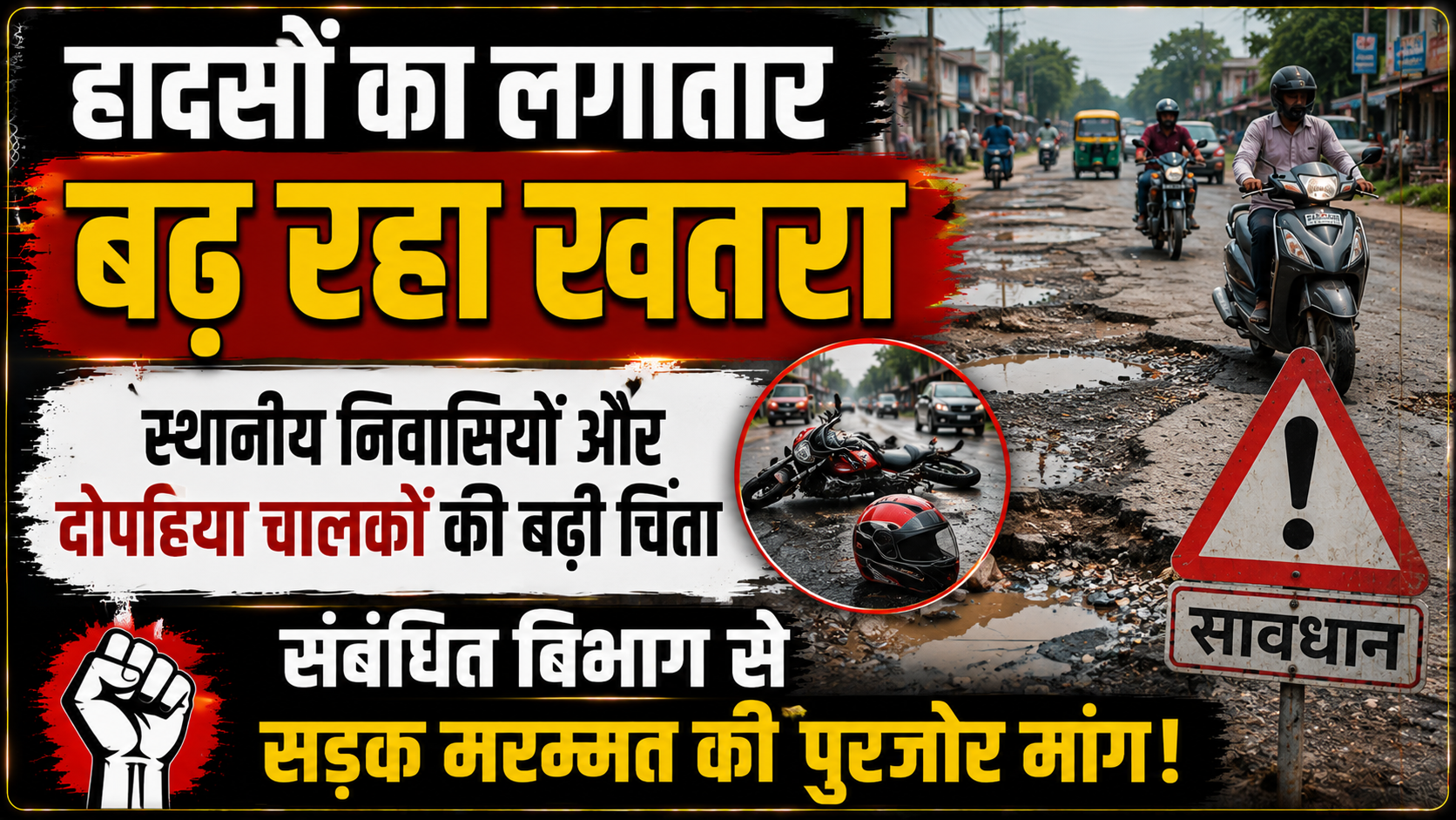 हादसों का लगातार बढ़ रहा खतरा; स्थानीय निवासियों और दोपहिया चालकों की बढ़ी चिंता, संबंधित विभाग से सड़क मरम्मत की पुरजोर मांग