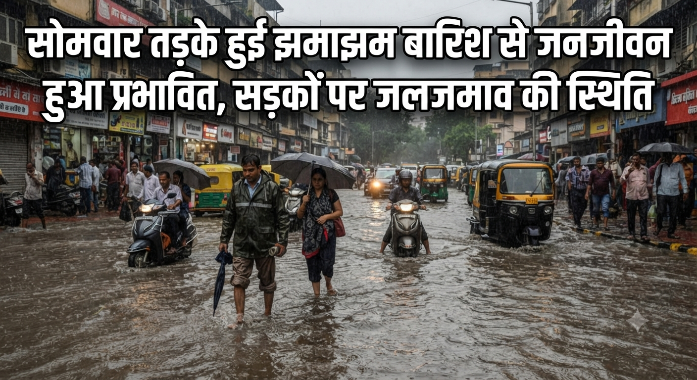 सोमवार तड़के हुई झमाझम बारिश से जनजीवन हुआ प्रभावित, सड़कों पर जलजमाव की स्थिति