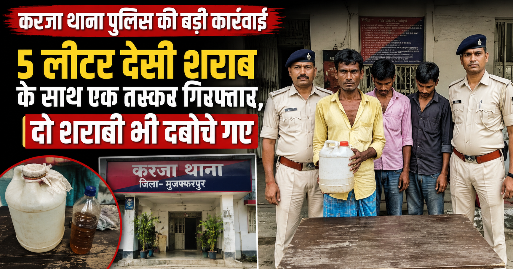 करजा थाना पुलिस की बड़ी कार्रवाई, 5 लीटर देसी शराब के साथ एक तस्कर गिरफ्तार, दो शराबी भी दबोचे गए