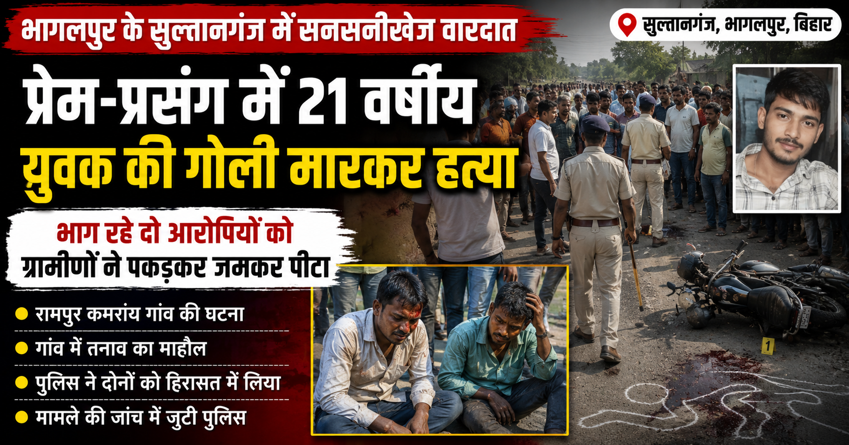 प्रेम-प्रसंग में युवक की गोली मारकर हत्या, भाग रहे दो आरोपियों को ग्रामीणों ने पकड़कर पीटा