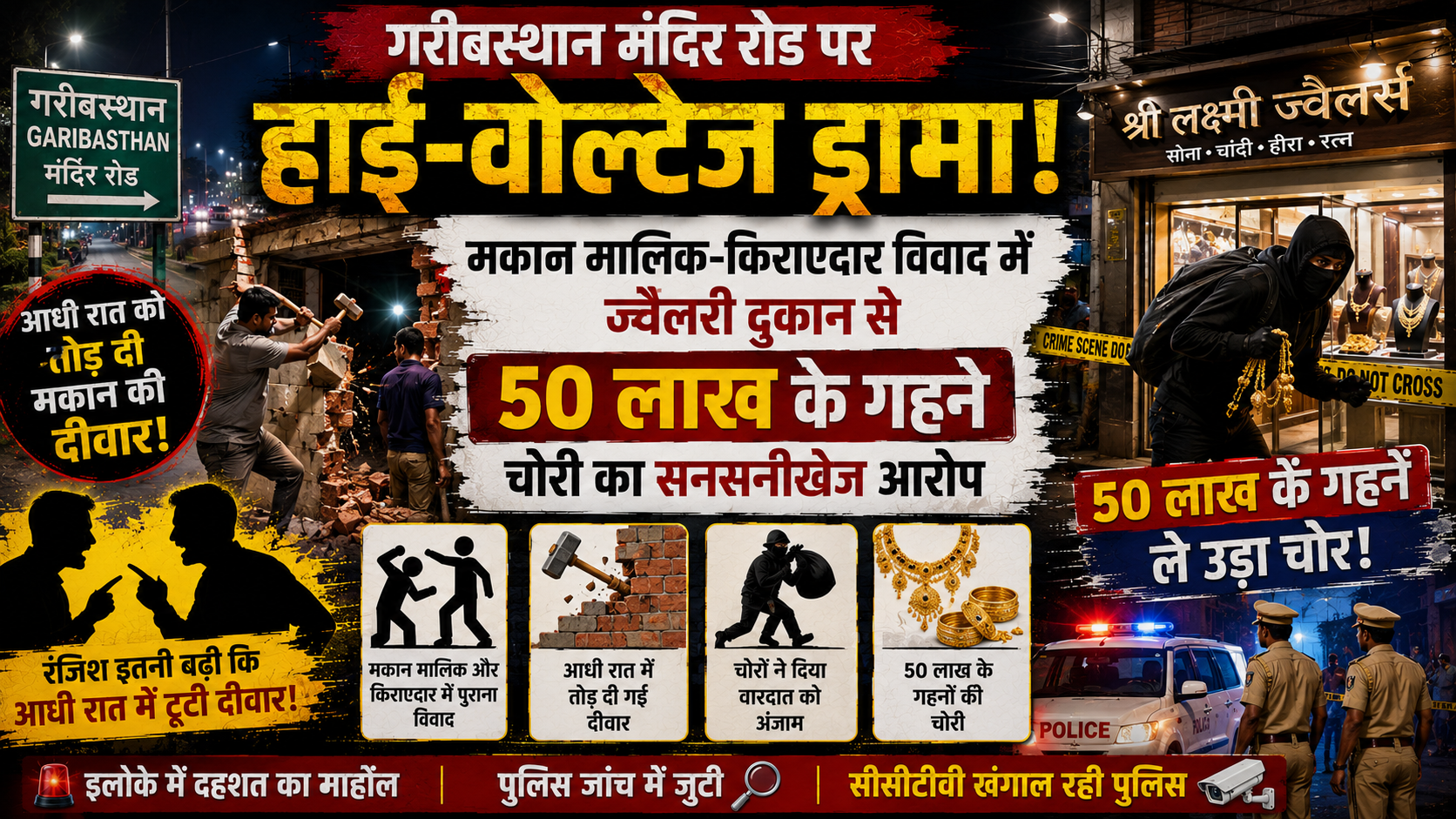गरीबस्थान मंदिर रोड पर हाई-वोल्टेज ड्रामा! मकान मालिक-किराएदार विवाद में आधी रात को तोड़ी दीवार, ज्वैलरी दुकान से 50 लाख के गहने चोरी का सनसनीखेज आरोप