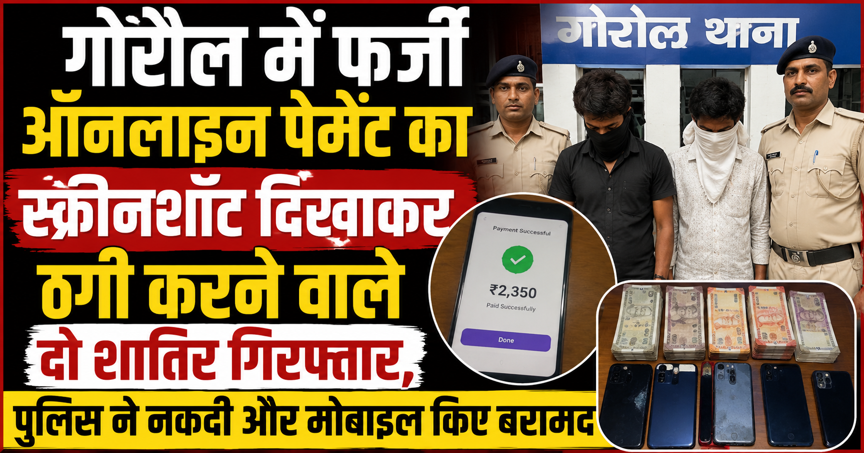गोरौल में फर्जी ऑनलाइन पेमेंट का स्क्रीनशॉट दिखाकर ठगी करने वाले दो शातिर गिरफ्तार, पुलिस ने नकदी और मोबाइल किए बरामद