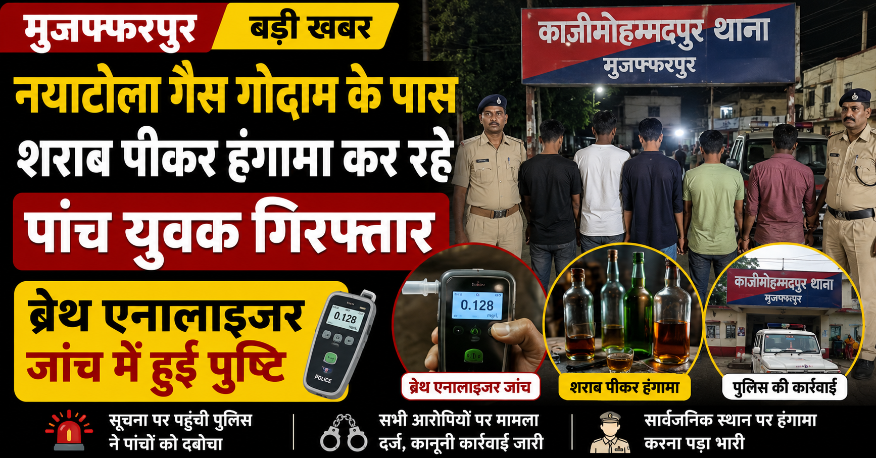 नयाटोला गैस गोदाम के पास शराब पीकर हंगामा कर रहे पांच युवक गिरफ्तार, ब्रेथ एनालाइजर जांच में हुई पुष्टि