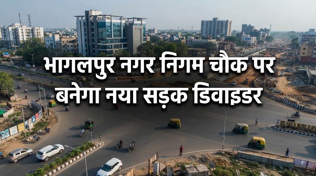 भागलपुर नगर निगम चौक पर सड़क डिवाइडर क्षतिग्रस्त अज्ञात वाहन की टक्कर से टूटा आधा हिस्सा