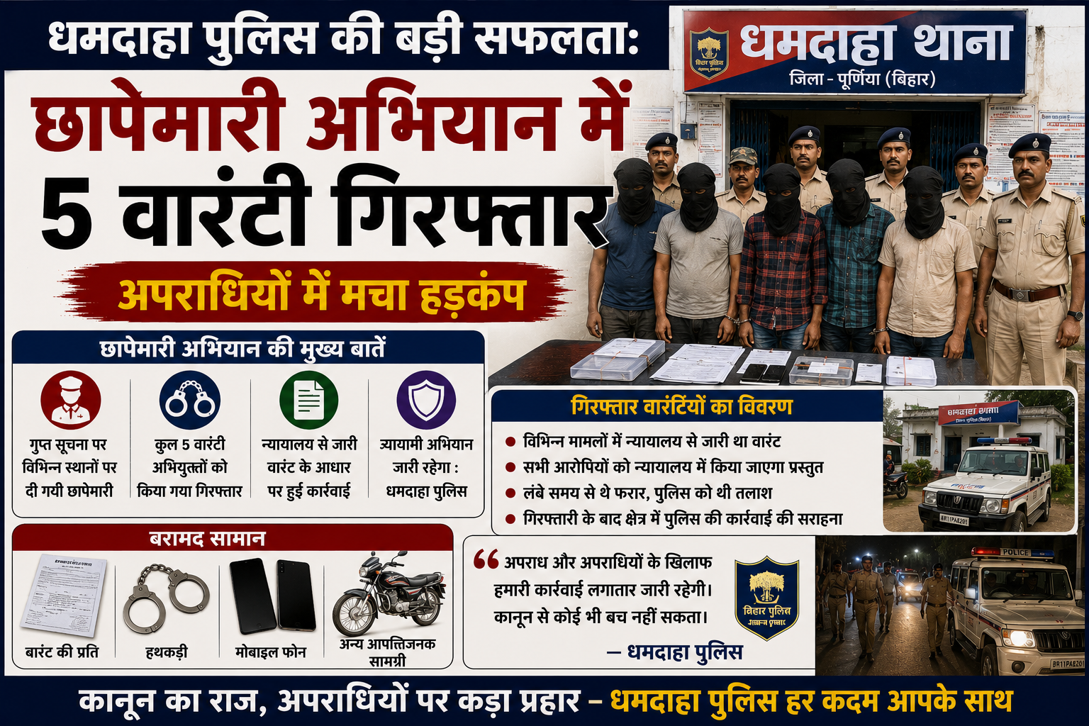धमदाहा पुलिस की बड़ी सफलता: छापेमारी अभियान में 5 वारंटी गिरफ्तार, अपराधियों में मचा हड़कंप