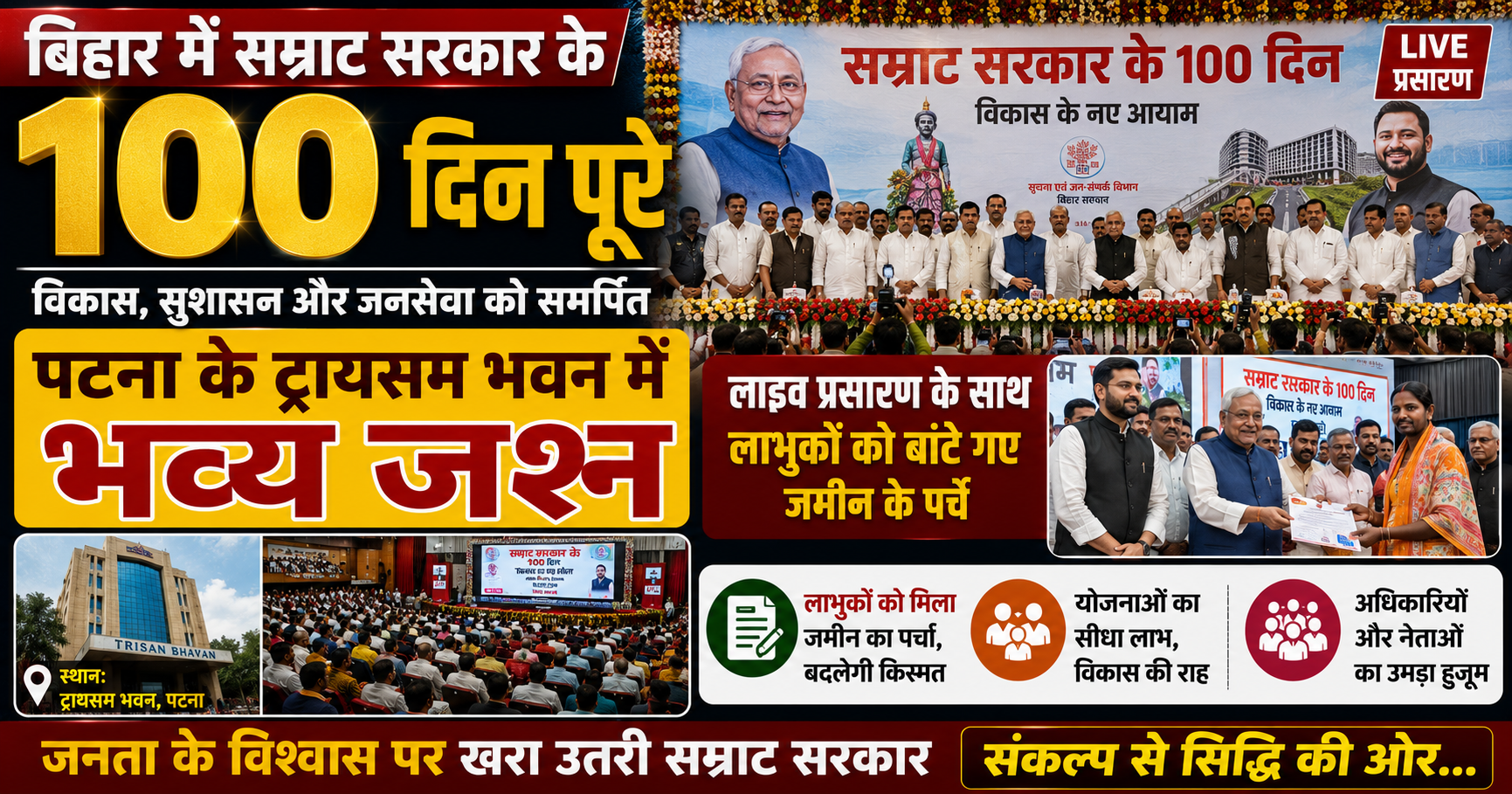 बिहार में सम्राट सरकार के 100 दिन पूरे होने पर पटना के ट्रायसम भवन में भव्य जश्न: लाइव प्रसारण के साथ लाभुकों को बांटे गए जमीन के पर्चे, अधिकारियों और नेताओं का उमड़ा हुजूम