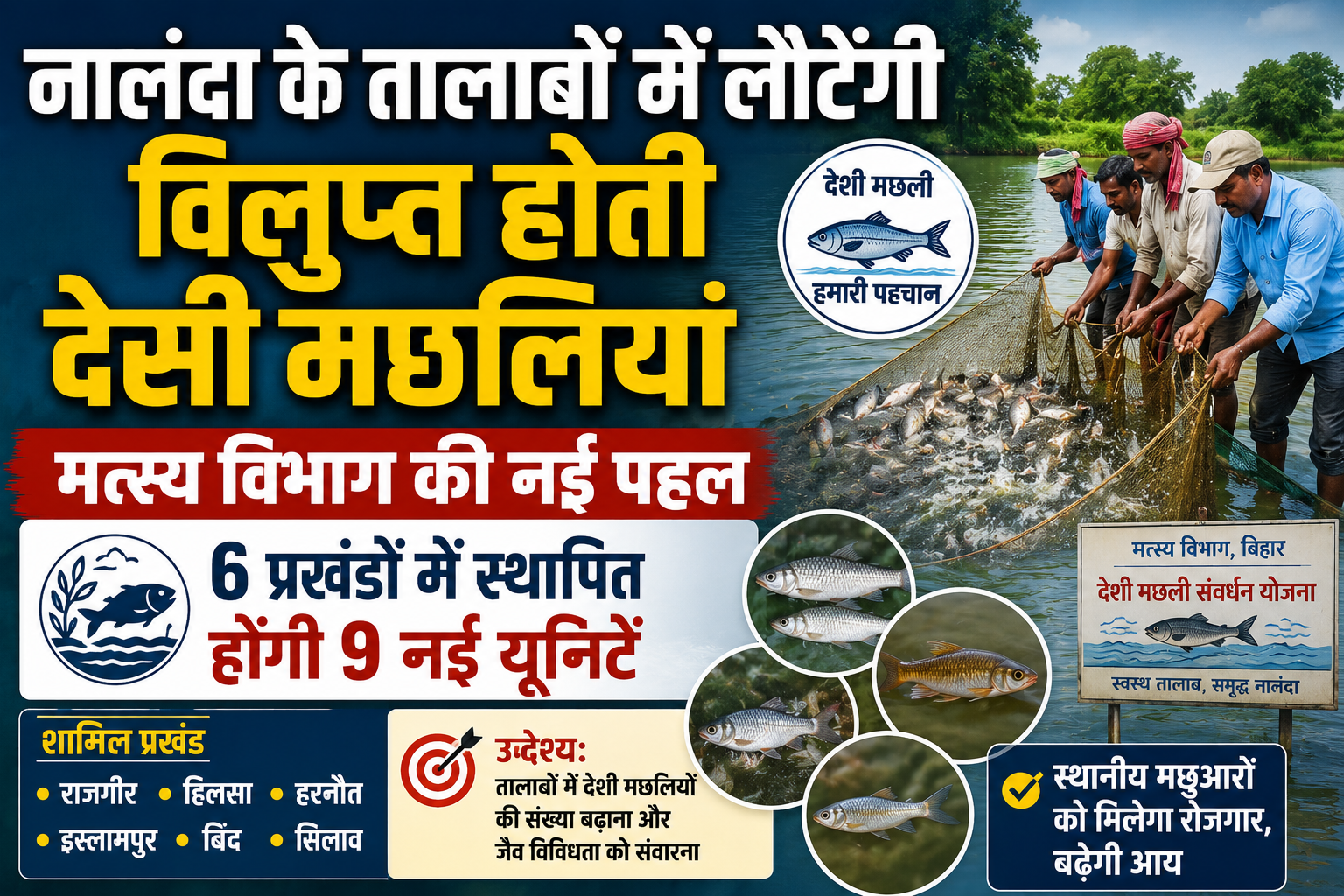 नालंदा के तालाबों में लौटेंगी विलुप्त होती देसी मछलियां, मत्स्य विभाग की नई पहल; 6 प्रखंडों में स्थापित होंगी 9 नई यूनिटें