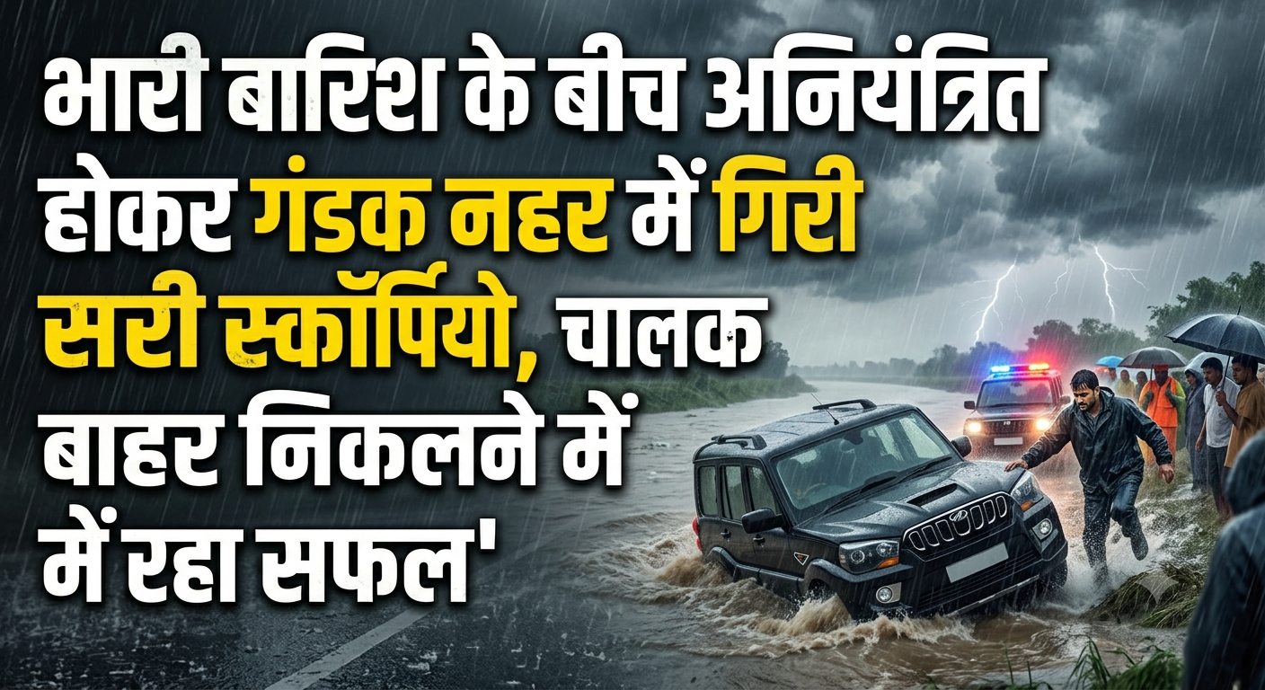 भारी बारिश के बीच अनियंत्रित होकर गंडक नहर में गिरी स्कॉर्पियो, चालक सुरक्षित बाहर निकलने में रहा सफल