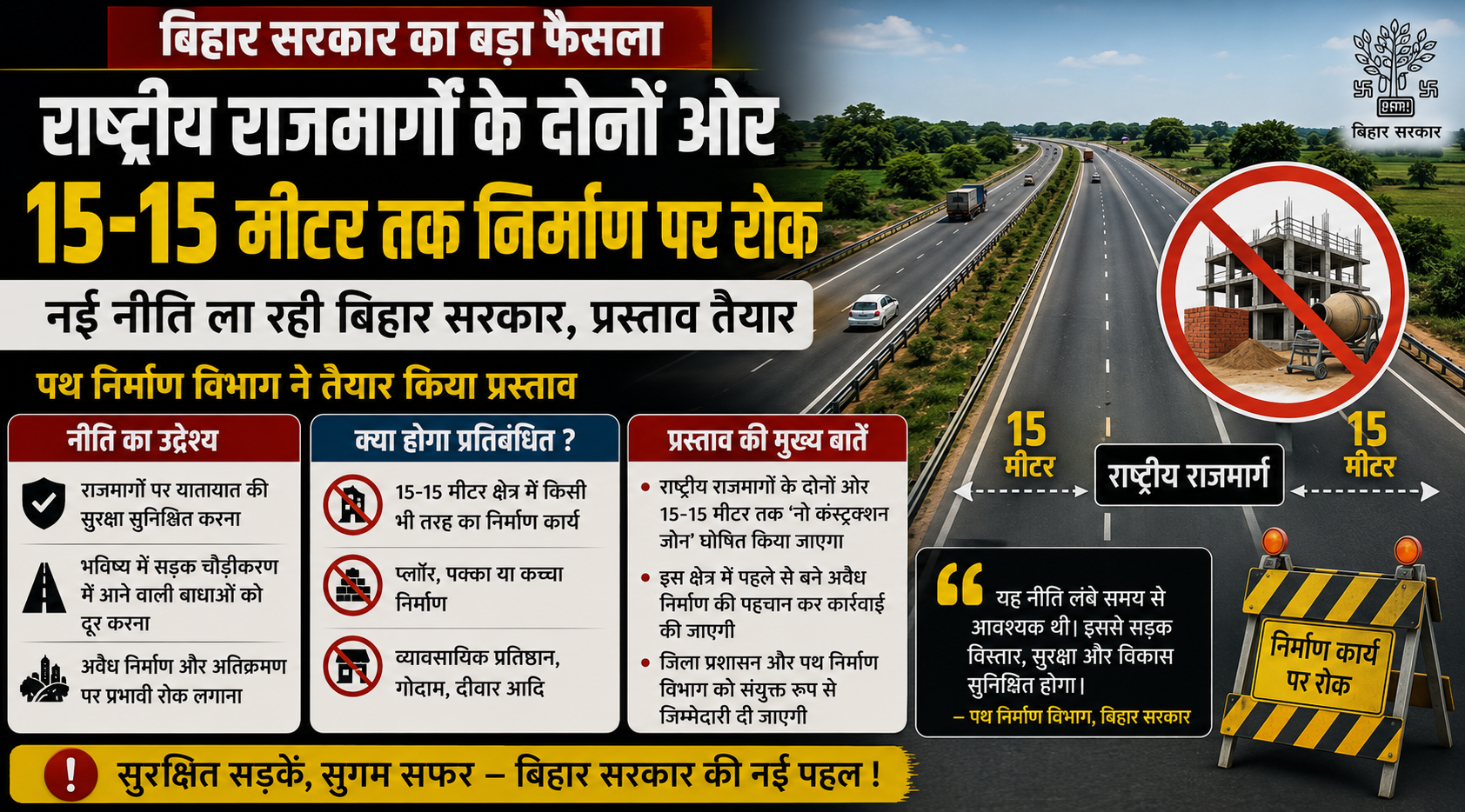 बिहार में नेशनल हाईवे किनारे निर्माण पर रोक, 15 मीटर तक के दायरे में नहीं बन सकेंगे घर-दुकान