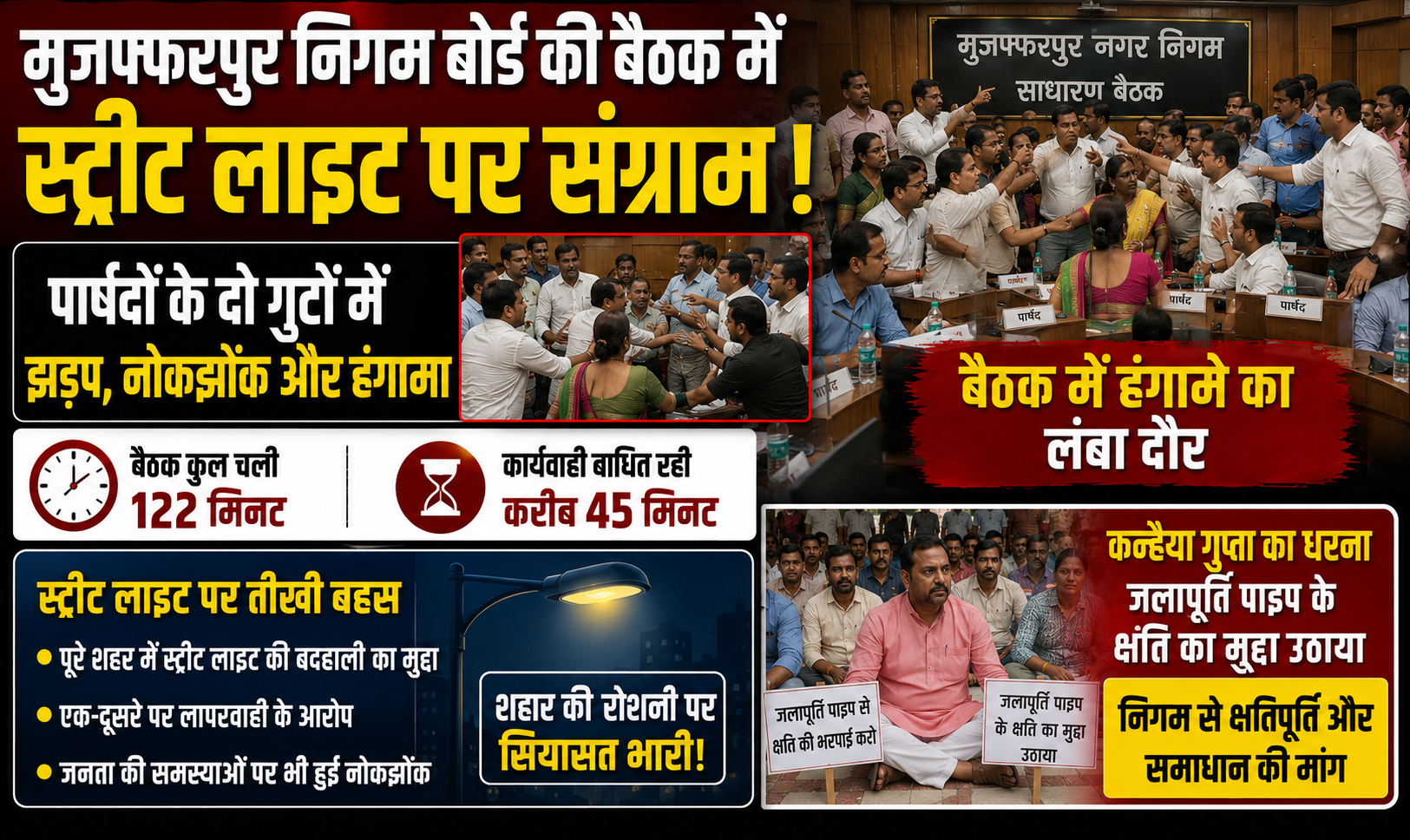 मुजफ्फरपुर निगम बोर्ड बैठक में हंगामा, स्ट्रीट लाइट और जलापूर्ति को लेकर पार्षदों में भिड़ंत