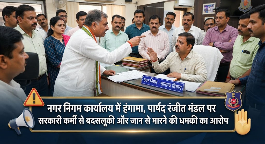 नगर निगम कार्यालय में हंगामा, पार्षद रंजीत मंडल पर सरकारी कर्मी से बदसलूकी और जान से मारने की धमकी का आरोप