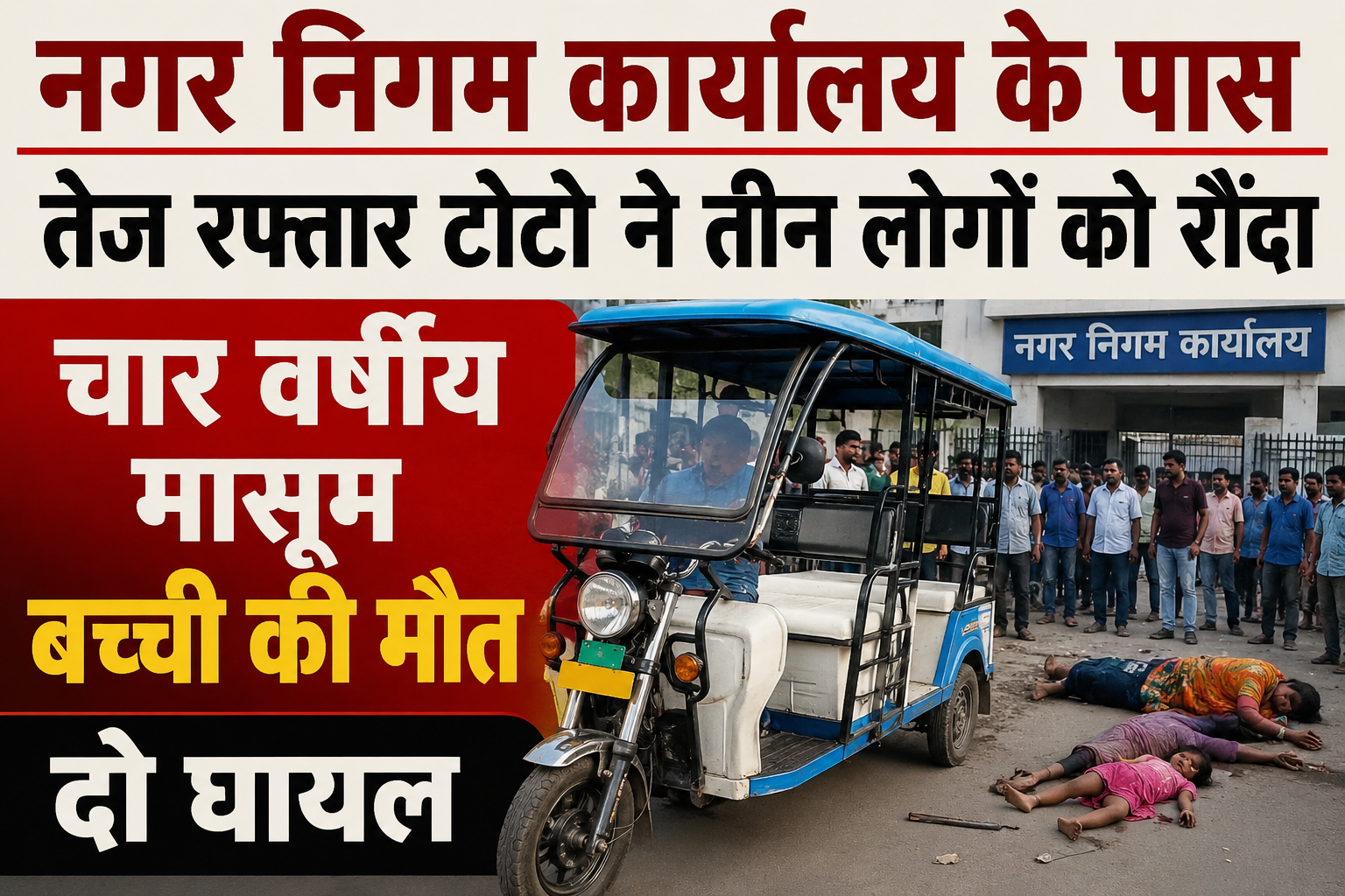 नगर निगम कार्यालय के पास तेज रफ्तार टोटो ने तीन लोगों को रौंदा, चार वर्षीय मासूम बच्ची की मौत, दो घायल