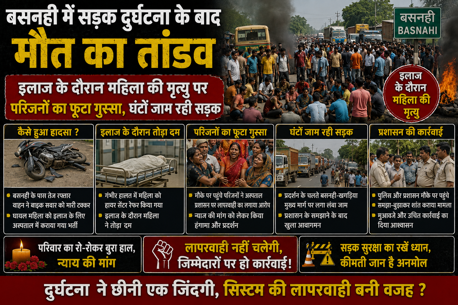 बसनही में सड़क दुर्घटना के बाद मौत का तांडव — इलाज के दौरान महिला की मृत्यु पर परिजनों का फूटा गुस्सा, घंटों जाम रही सड़क