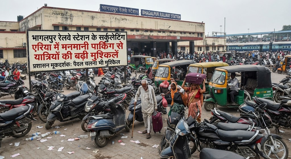 Passengers Face Severe Hardships Due to Chaotic Parking in Bhagalpur Railway Station's Circulating Area; Public Distressed by Apathy of Responsible Officials and Illegal Extortion, No Action Taken Despite Repeated Complaints