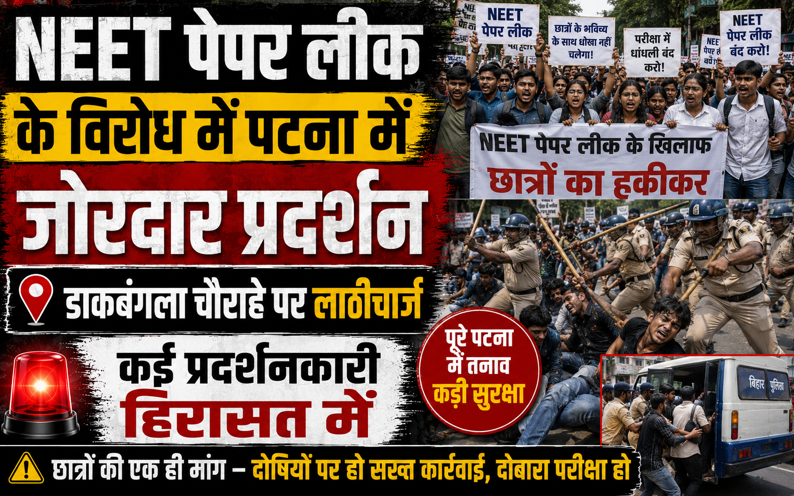 पटना में NEET पेपर लीक के विरोध में जोरदार प्रदर्शन, डाकबंगला चौराहे पर लाठीचार्ज; कई प्रदर्शनकारी हिरासत में