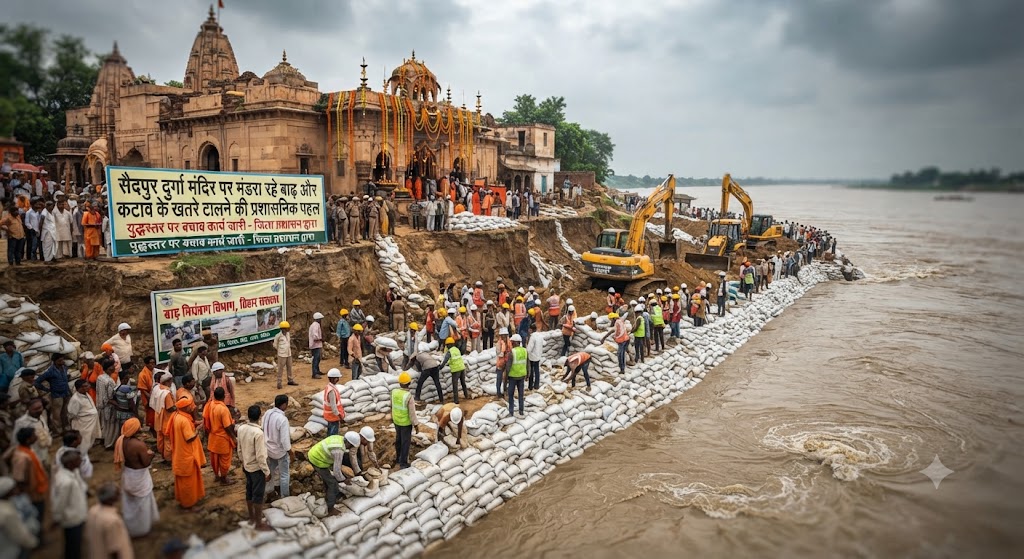Administrative Initiative to Avert Flood and Erosion Threats Looming Over Saidpur Durga Temple; Rural Works Department Initiates Protective Works, Bamboo Piling Commenced on Instructions of Executive Engineer E. Ravindra Sharma