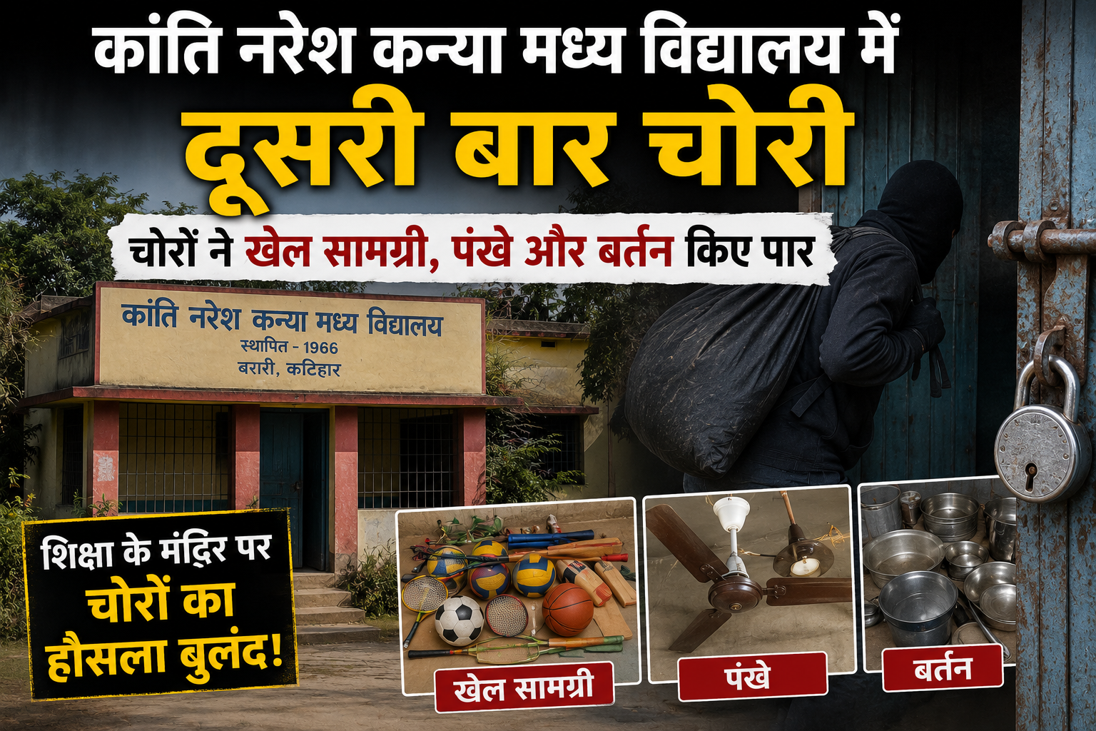 कांति नरेश कन्या मध्य विद्यालय में दूसरी बार चोरी; चोरों ने खेल सामग्री, पंखे और बर्तन किए पार