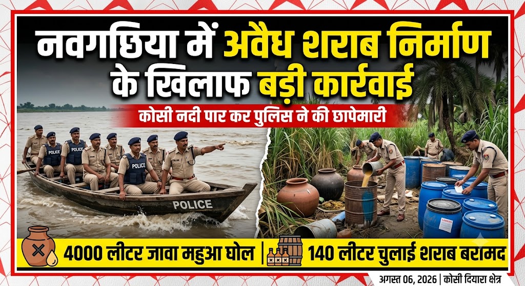 नवगछिया में अवैध शराब निर्माण के खिलाफ बड़ी कार्रवाई, कोसी नदी पार कर पुलिस ने की छापेमारी; 4000 लीटर जावा महुआ घोल और 140 लीटर चुलाई शराब बरामद