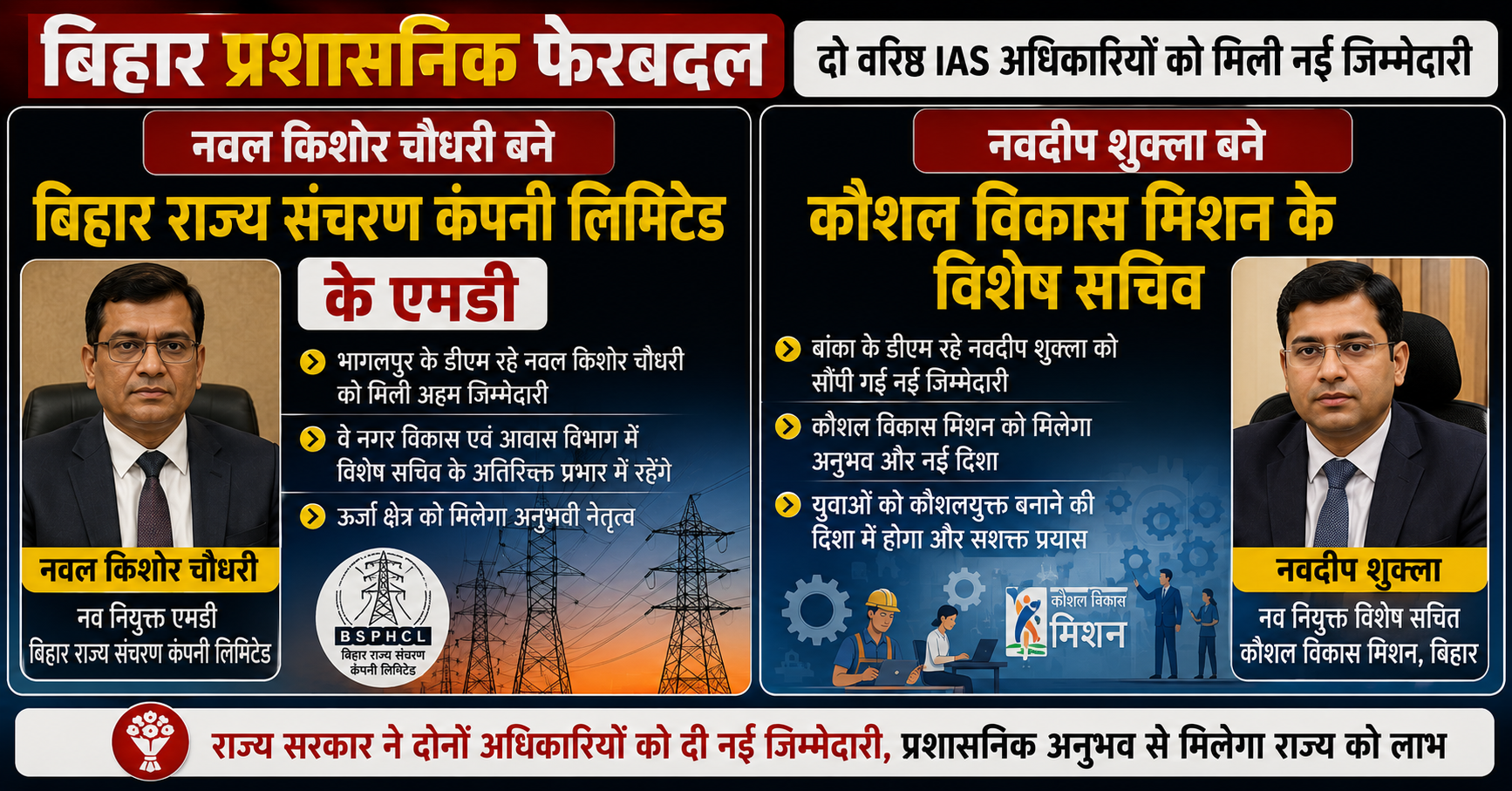 बिहार में बड़ा प्रशासनिक फेरबदल, पूर्व डीएम नवल किशोर और नवदीप शुक्ला को मिली नई जिम्मेदारी