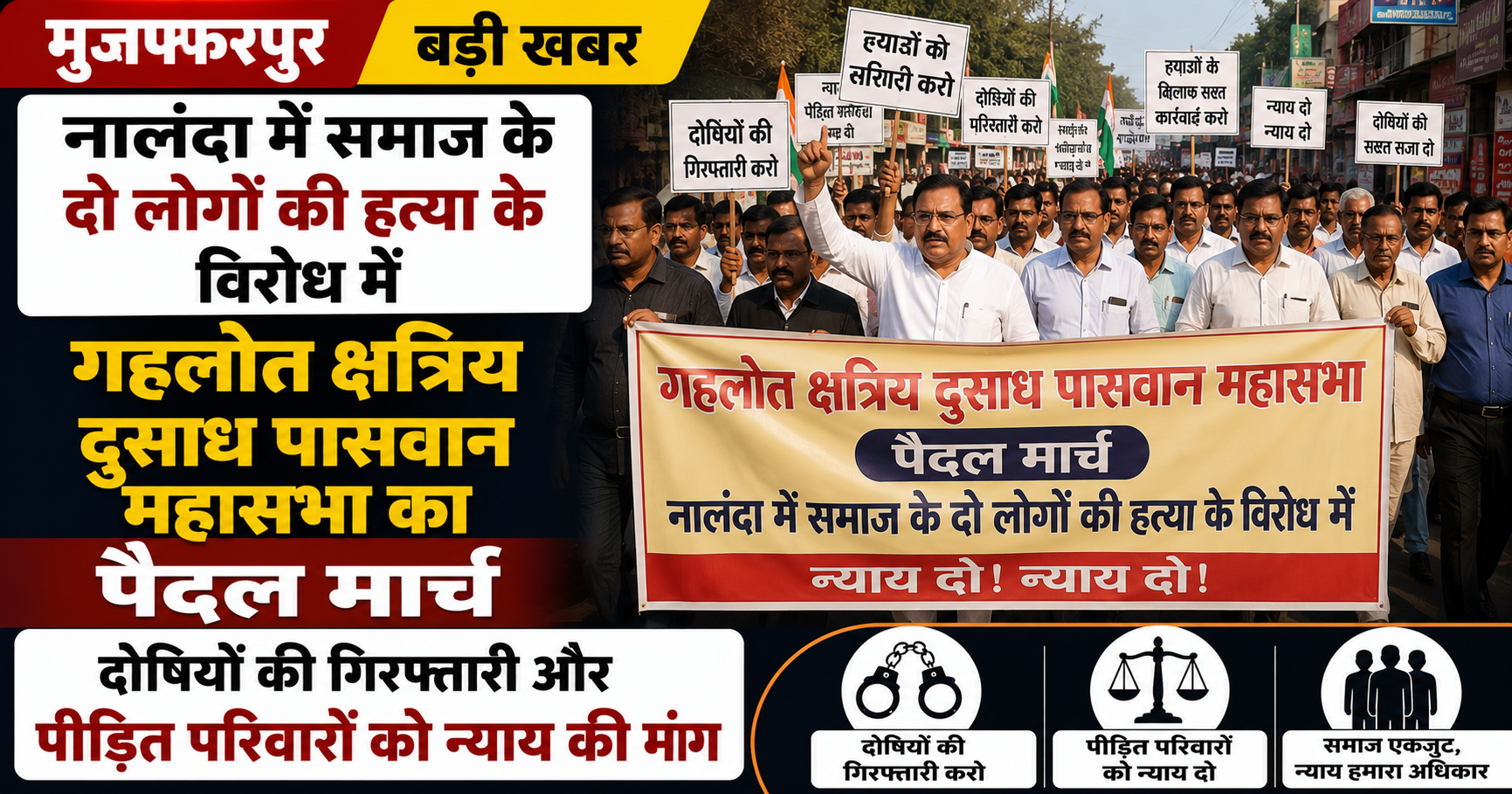 नालंदा में समाज के दो लोगों की हत्या के विरोध में गहलोत क्षत्रिय दुसाध पासवान महासभा का पैदल मार्च, दोषियों की गिरफ्तारी और पीड़ित परिवारों को न्याय की मांग