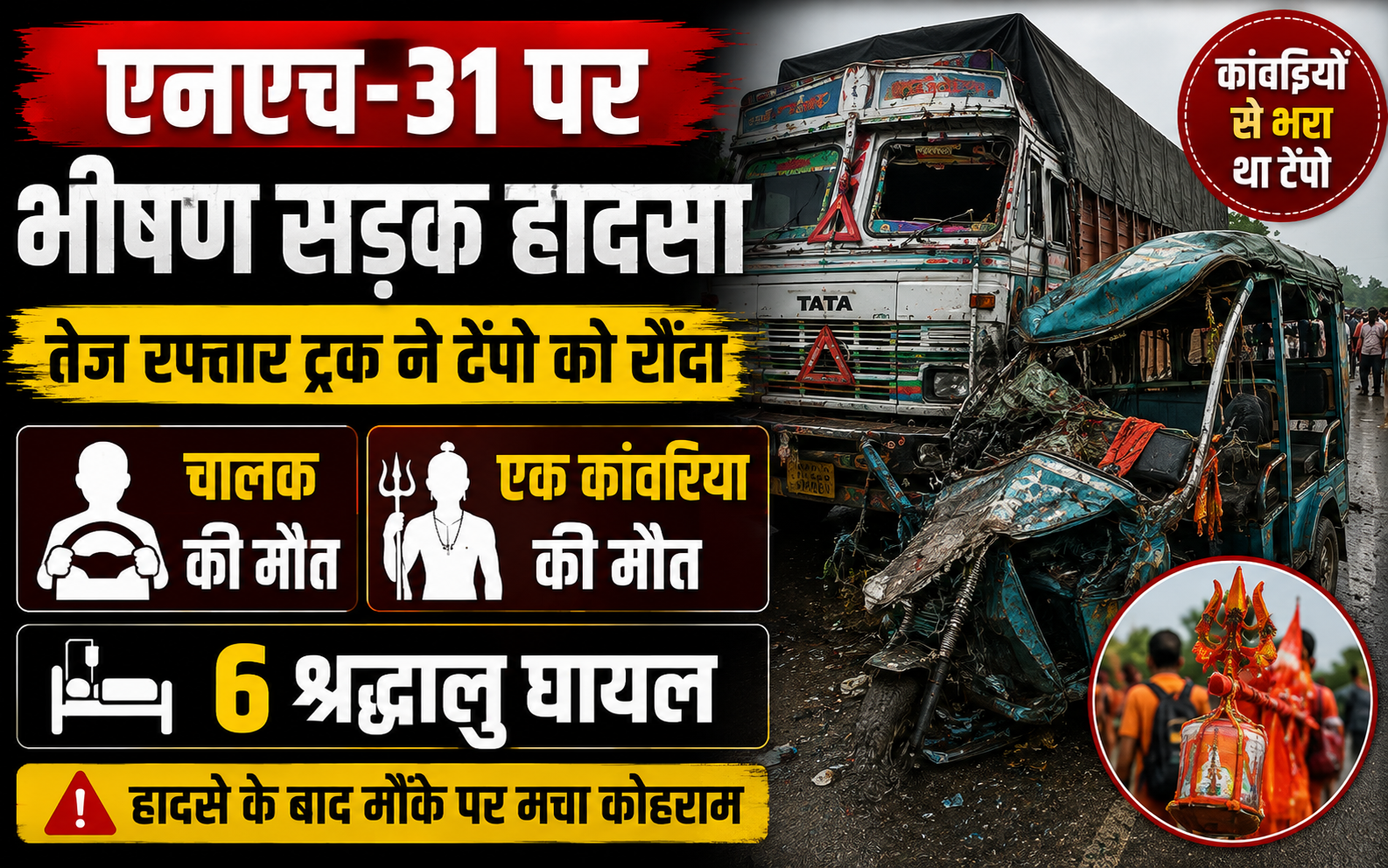 एनएच-31 पर भीषण सड़क हादसा, तेज रफ्तार ट्रक ने टेंपो को रौंदा; चालक और एक कांवरिया की मौत, छह श्रद्धालु घायल