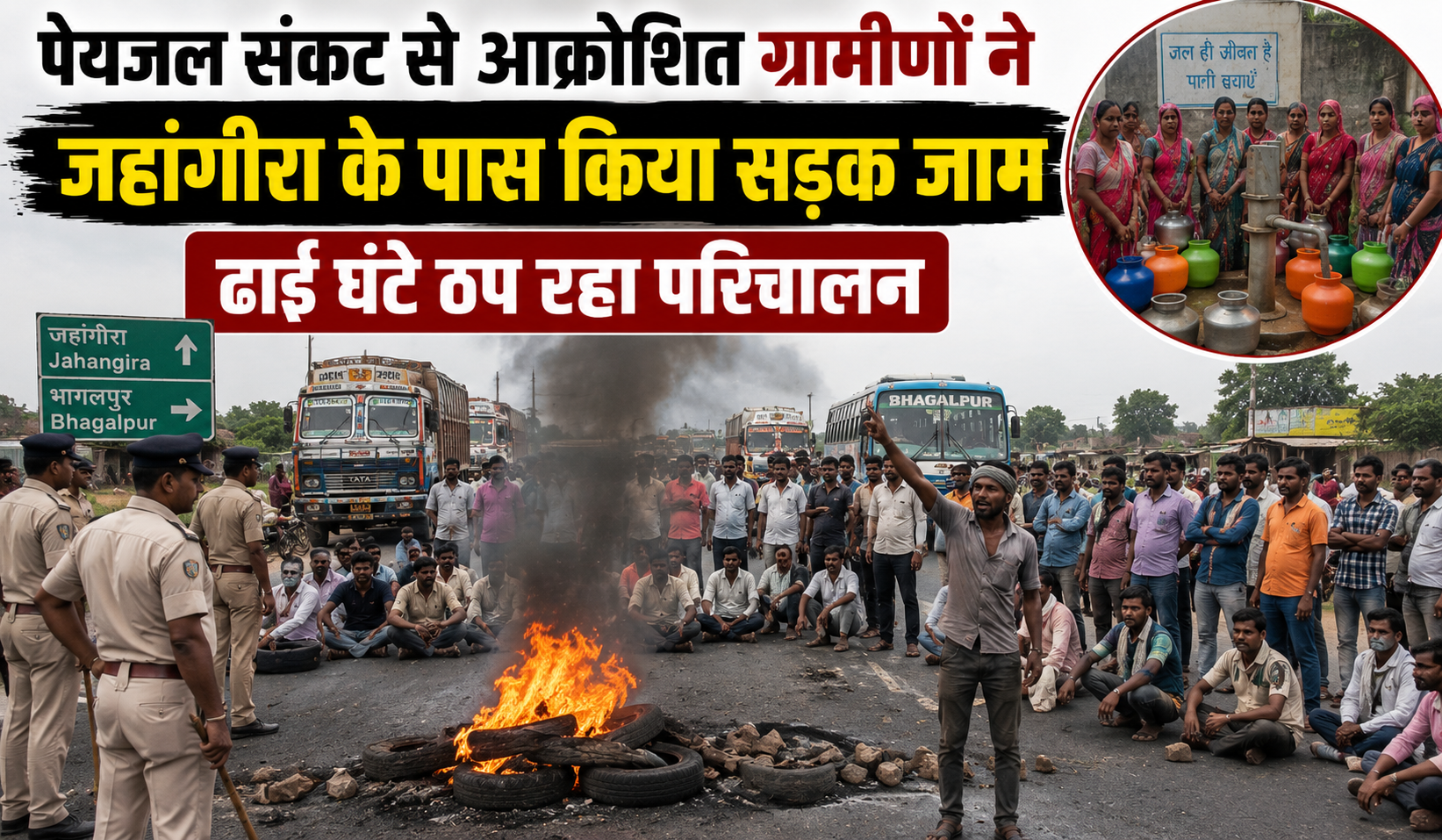 पेयजल संकट से आक्रोशित ग्रामीणों ने जहांगीरा के पास किया सड़क जाम, ढाई घंटे ठप रहा परिचालन