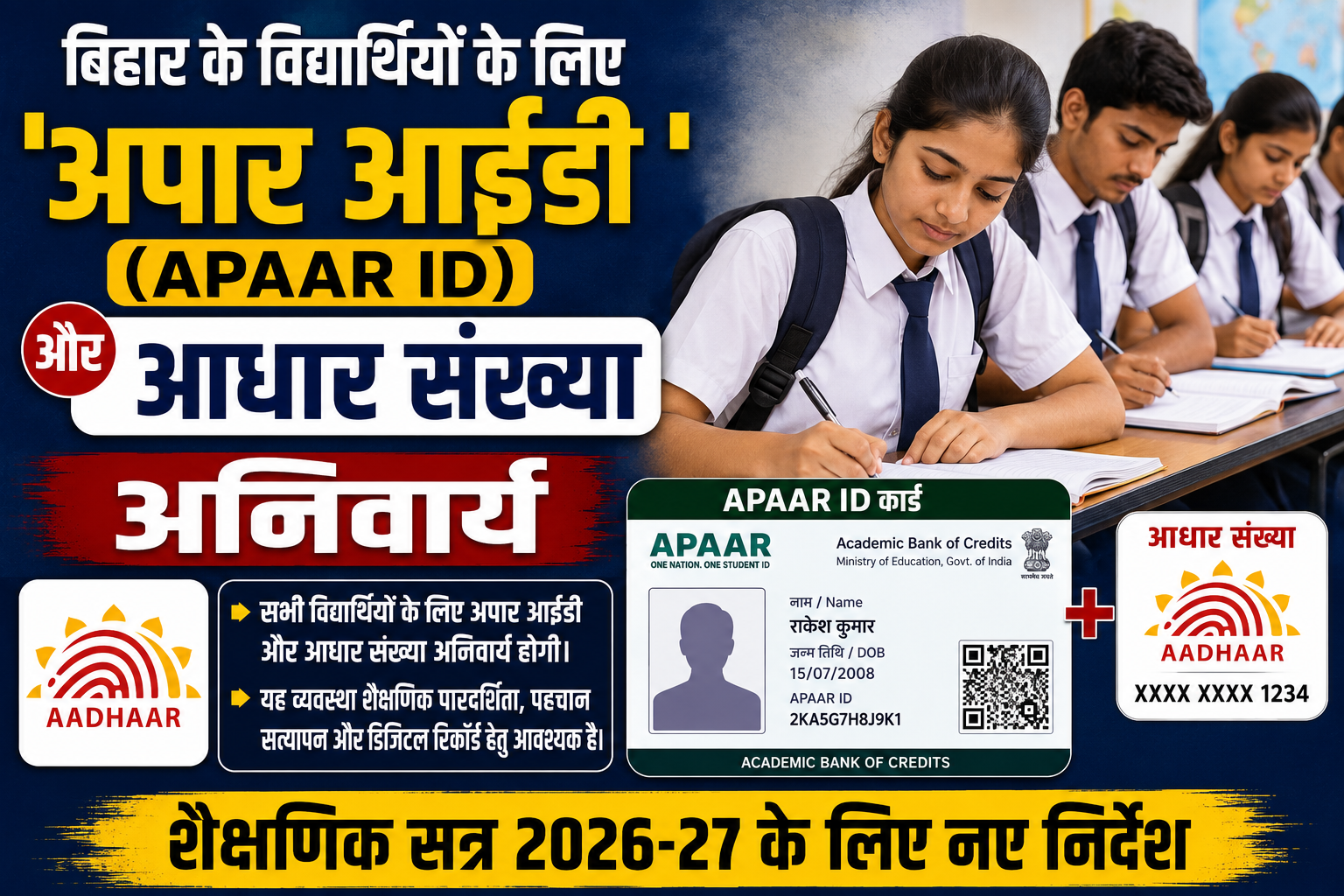 बिहार के विद्यार्थियों के लिए 'अपार आईडी' (APAAR ID) और आधार संख्या अनिवार्य शैक्षणिक सत्र 2026-27 के लिए नए निर्देश