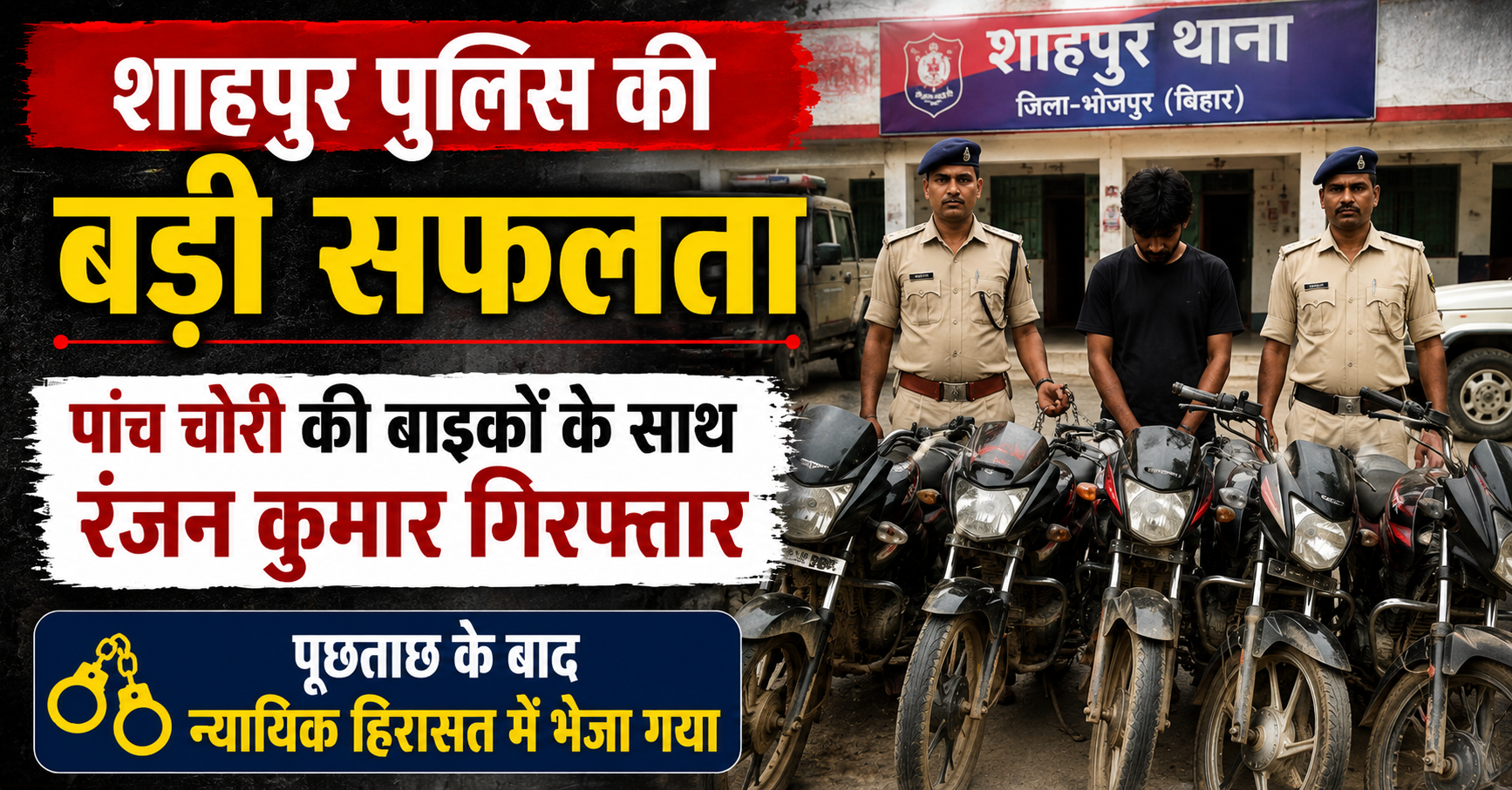 शाहपुर पुलिस की बड़ी सफलता, पांच चोरी की बाइकों के साथ रंजन कुमार गिरफ्तार; पूछताछ के बाद न्यायिक हिरासत में भेजा गया