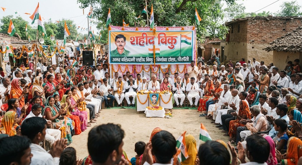 पीरपैंती के बिनोबा टोला में धूमधाम से मनाया गया शहीद बिकु का शहादत दिवस भारत छोड़ो आंदोलन के महानायक के योगदान को किया गया नमन, डॉ. शिवनाथ दास के नेतृत्व में फहराया गया राष्ट्रध्वज