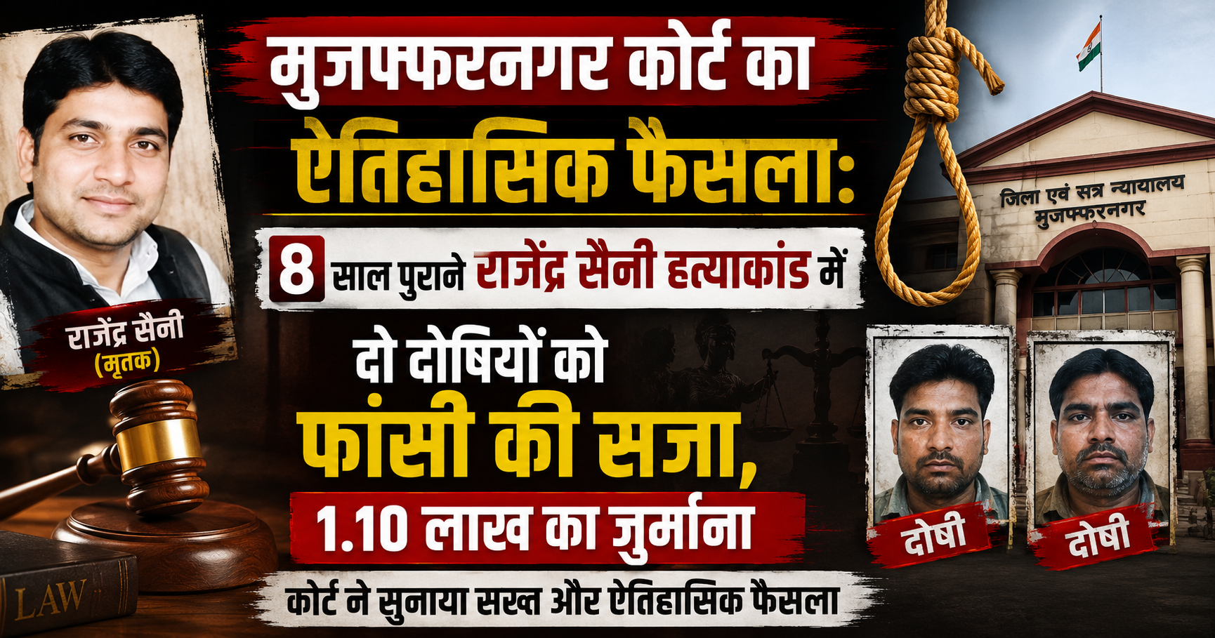 मुजफ्फरनगर कोर्ट का ऐतिहासिक फैसला: 8 साल पुराने राजेंद्र सैनी हत्याकांड में दो दोषियों को फांसी की सजा, 1.10 लाख का जुर्माना